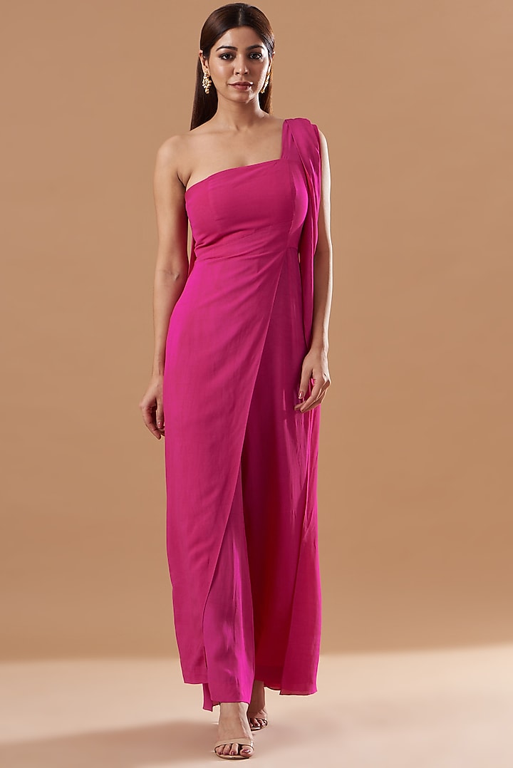 Hot Pink Georgette One-Shoulder Jumpsuit by Blue Lotus