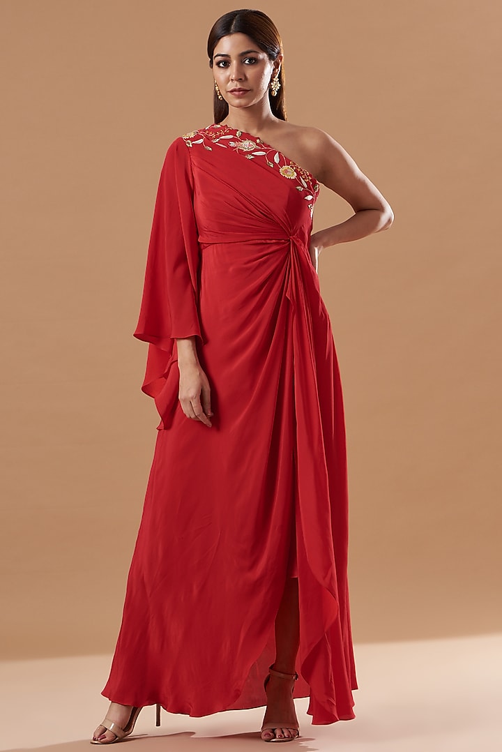Red Crepe One Shoulder Dress by Blue Lotus