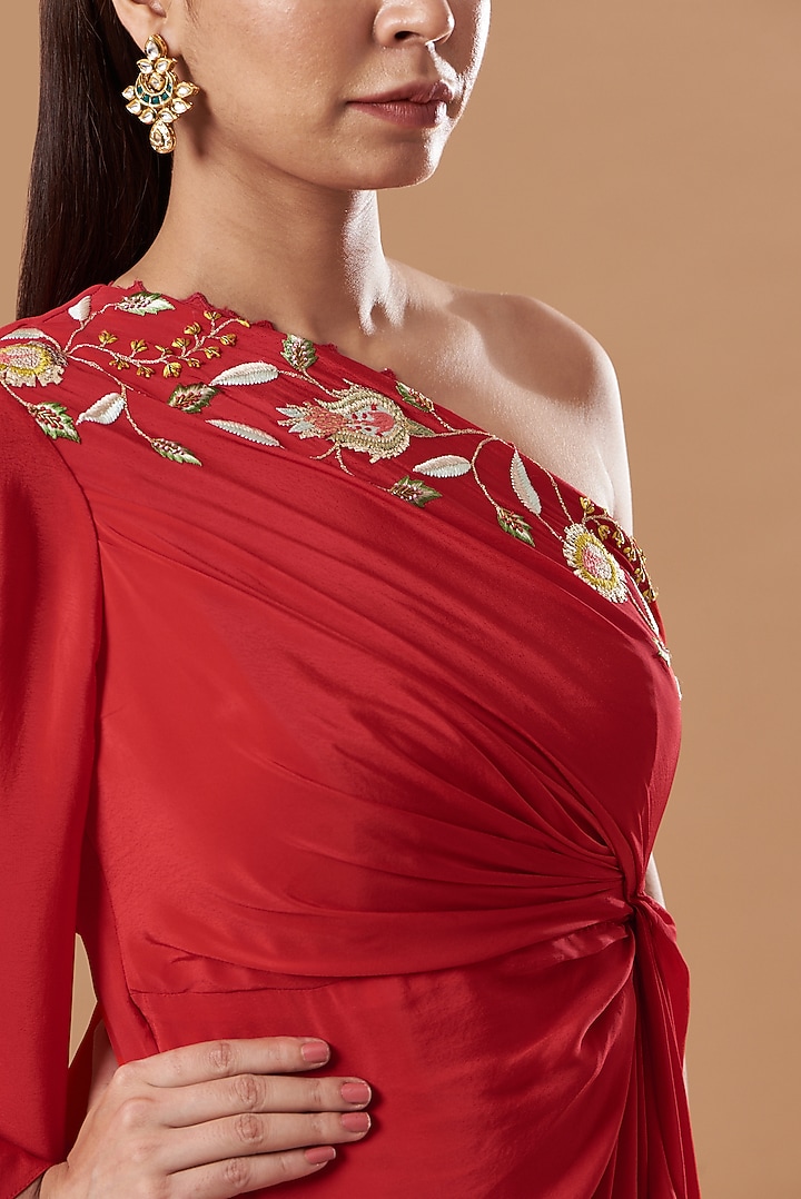 Red Crepe Machine Embroidered One Shoulder Vacation Dress by Blue Lotus at Pernia's Pop Up Shop