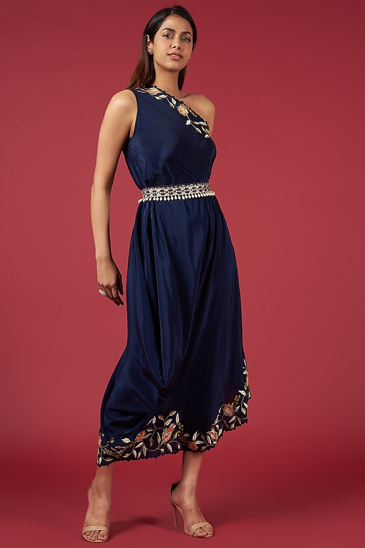 Deep Blue Crepe Embroidered One Shoulder Dress by Blue Lotus