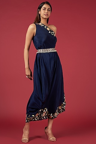 Deep Blue Crepe Embroidered One Shoulder Dress by Blue Lotus