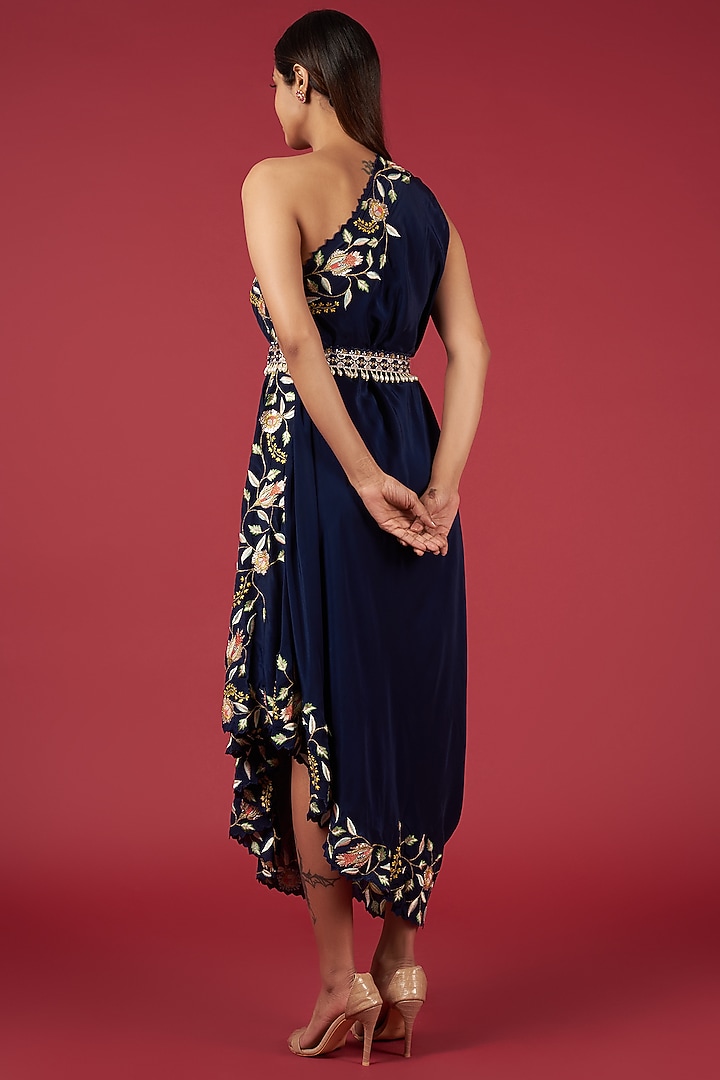 Deep Blue Crepe Embroidered One Shoulder Vacation Dress by Blue Lotus at Pernia's Pop Up Shop