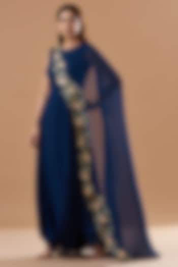 Midnight Blue Georgette Draped Dress by Blue Lotus