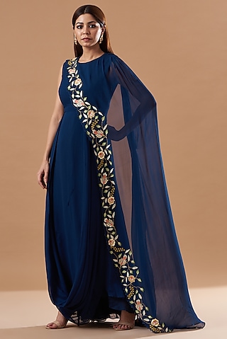 Midnight Blue Georgette Embroidered Draped Dress by Blue Lotus