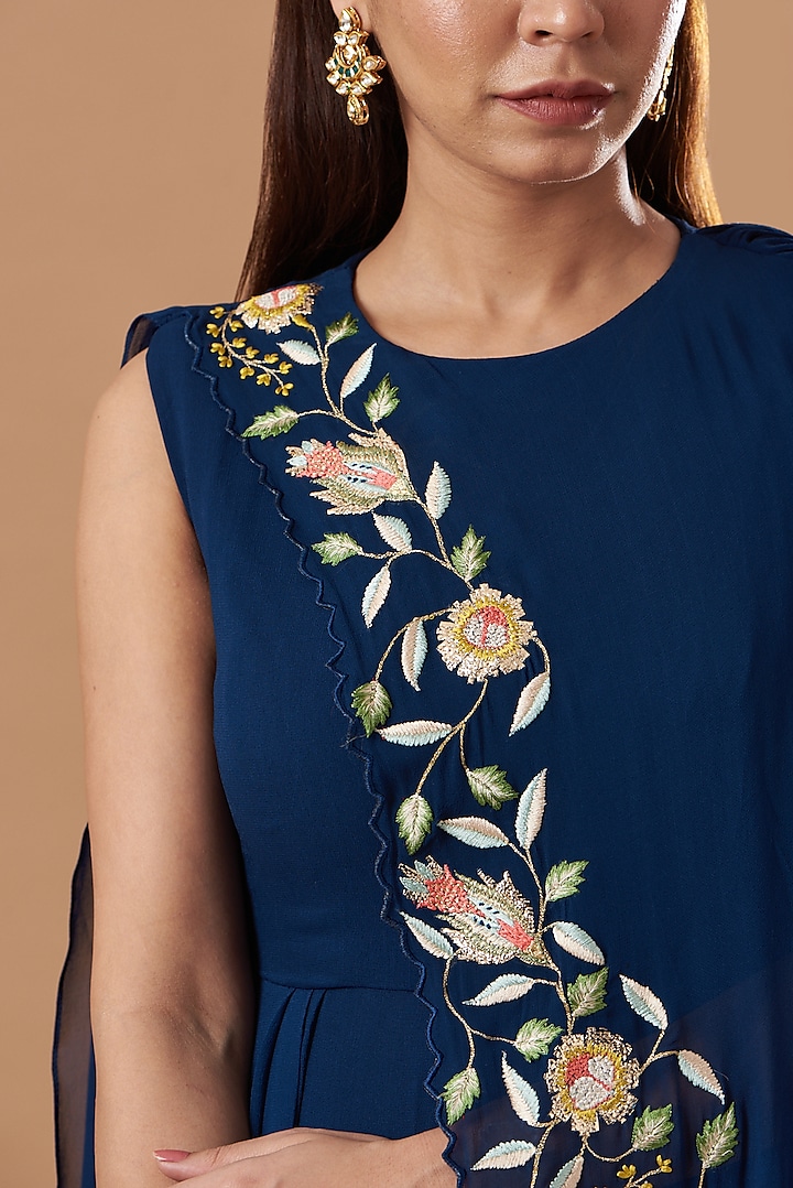 Midnight Blue Georgette Embroidered Draped Vacation Dress by Blue Lotus at Pernia's Pop Up Shop