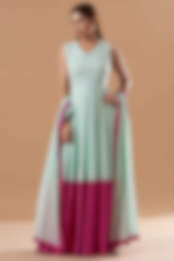 Powder Blue & Pink Cotton Party Wear Anarkali Set by Blue Lotus at Pernia's Pop Up Shop