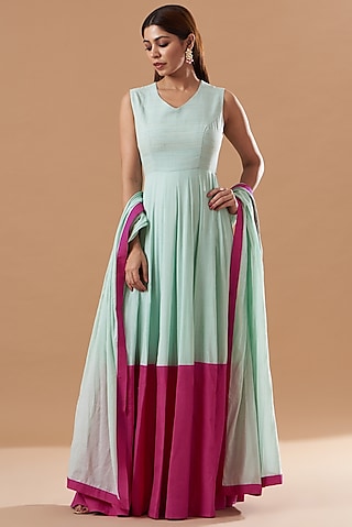 Powder Blue & Pink Cotton Anarkali Set by Blue Lotus