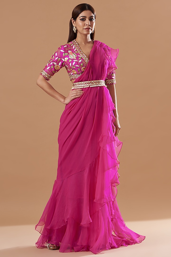 Pink Embroidered Ruffled Saree Set by Blue Lotus