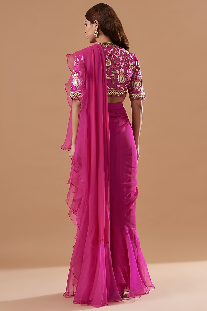 Pink Embroidered Ruffled Wedding Saree Set by Blue Lotus at Pernia's Pop Up Shop