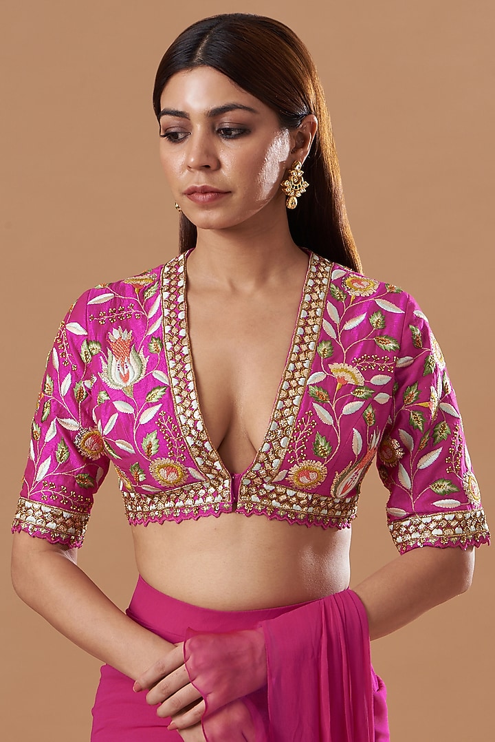 Pink Embroidered Ruffled Wedding Saree Set by Blue Lotus at Pernia's Pop Up Shop