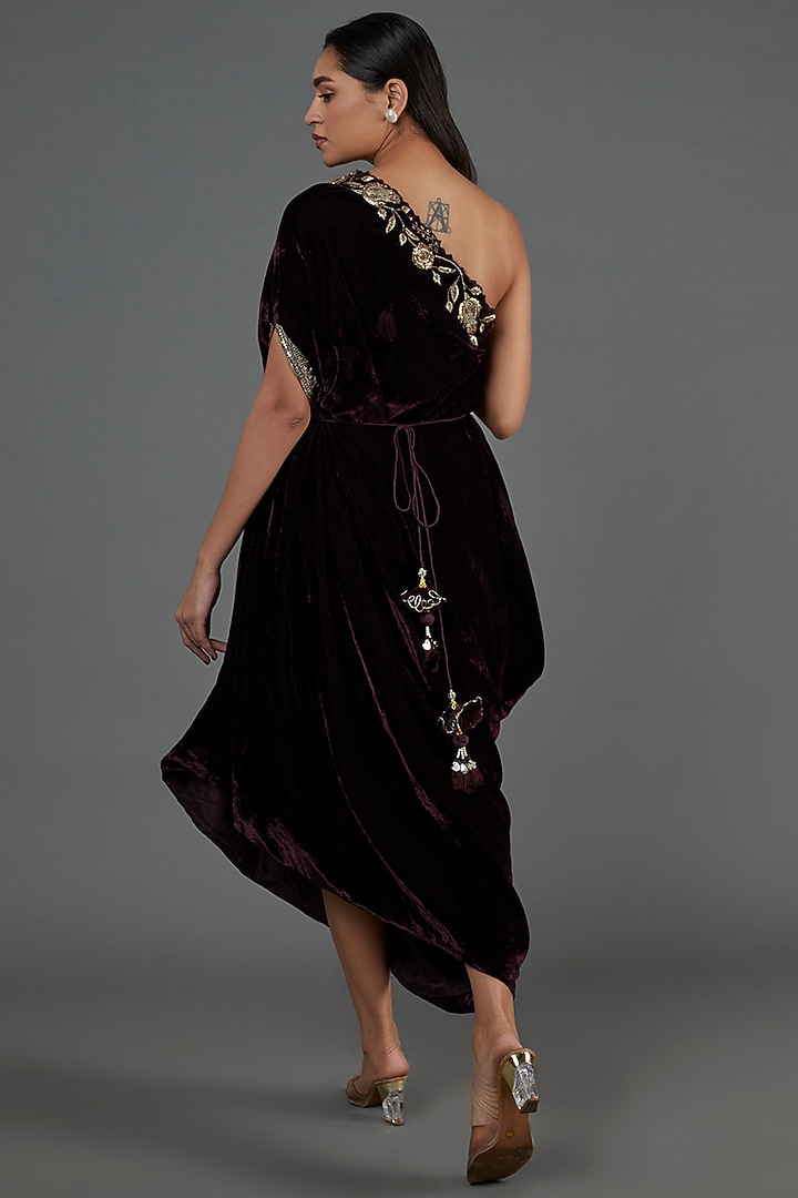 Burgundy Velvet Embroidered One-Shoulder Vacation Dress by Blue Lotus at Pernia's Pop Up Shop