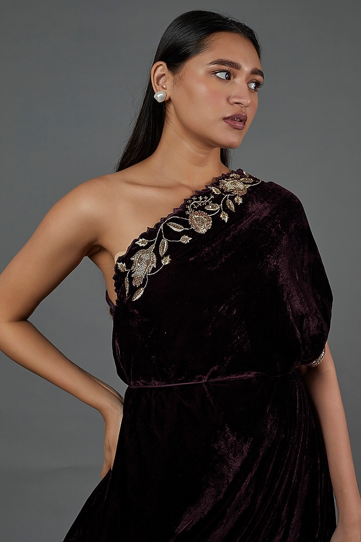 Burgundy Velvet Embroidered One-Shoulder Vacation Dress by Blue Lotus at Pernia's Pop Up Shop