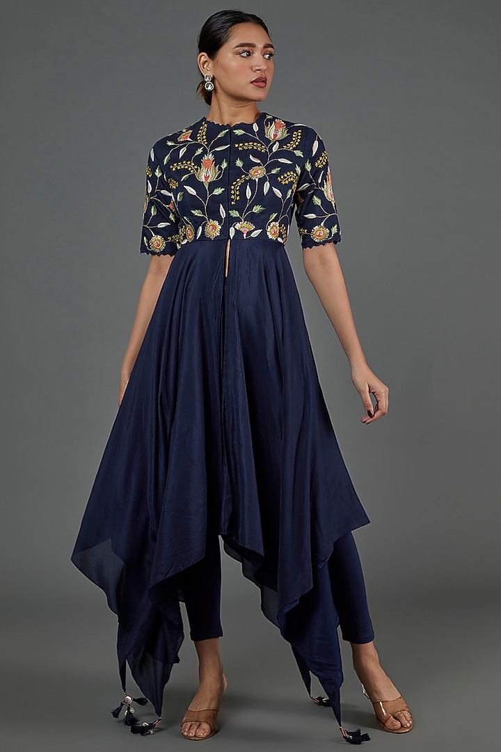 Blue Chennur Embroidered Asymmetrical Kurta by Blue Lotus at Pernia's Pop Up Shop