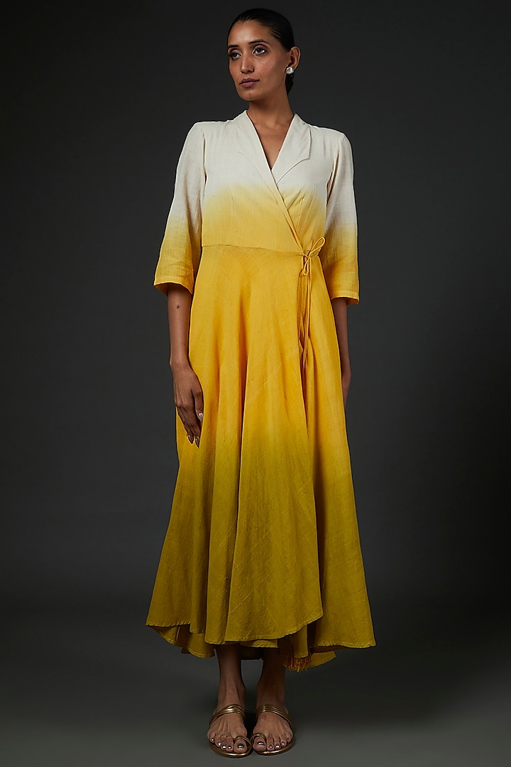Yellow & White Ombre Khadi Dress by Blue Lotus