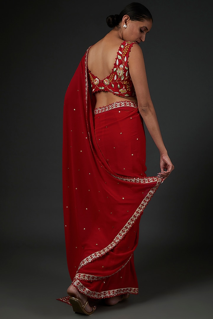 Red Georgette Party Wear Saree Set by Blue Lotus at Pernia's Pop Up Shop