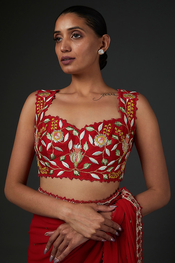Red Georgette Party Wear Saree Set by Blue Lotus at Pernia's Pop Up Shop