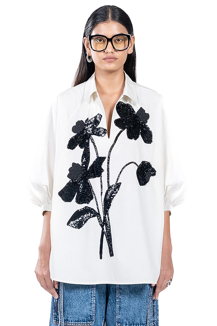 White Cotton Floral Embroidered Polo Batwing Shirt by Dhruv Kapoor at Pernia's Pop Up Shop