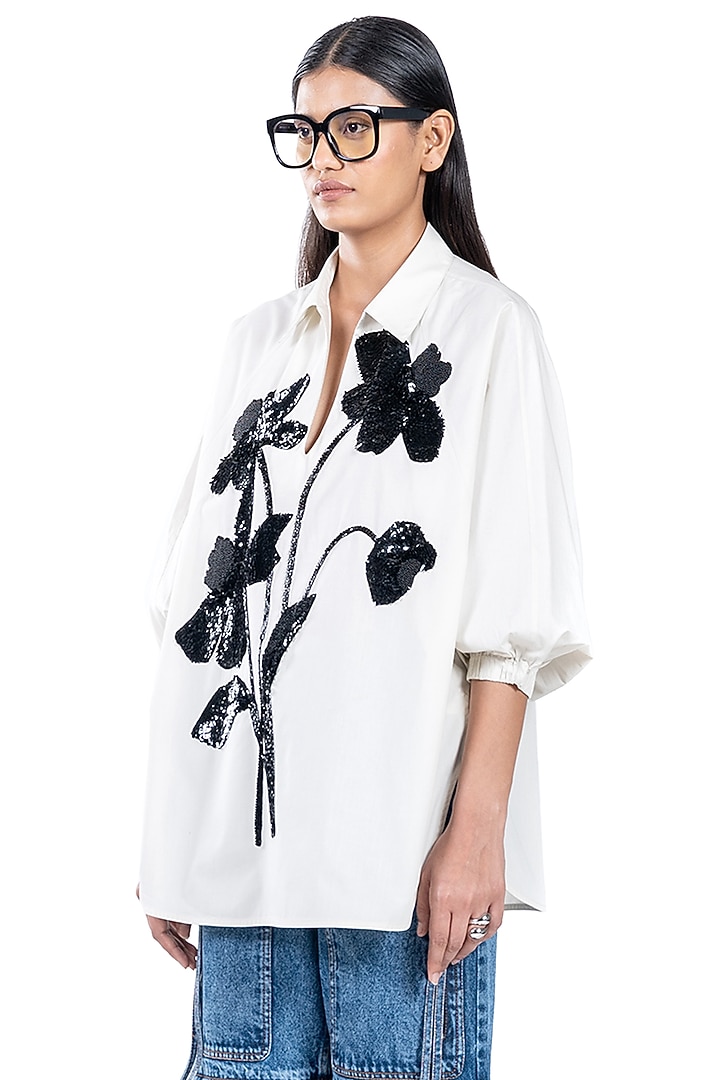 White Cotton Floral Embroidered Polo Batwing Shirt by Dhruv Kapoor at Pernia's Pop Up Shop