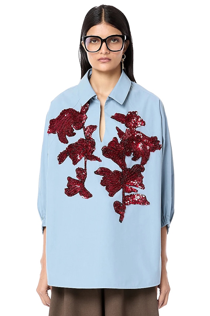 Dusty Blue Cotton Batwing Polo Oversized Shirt by Dhruv Kapoor at Pernia's Pop Up Shop