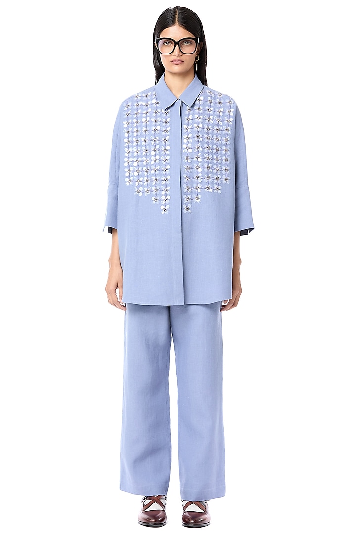Blue Linen & Cotton Oversized Shirt by Dhruv Kapoor at Pernia's Pop Up Shop