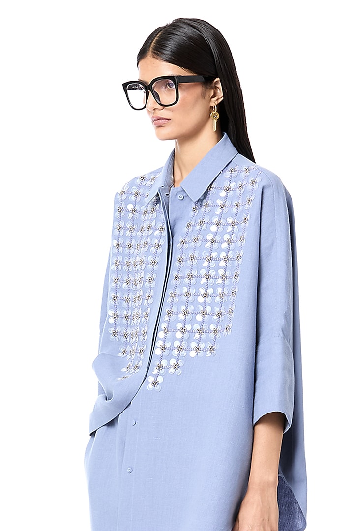 Blue Linen & Cotton Oversized Shirt by Dhruv Kapoor at Pernia's Pop Up Shop