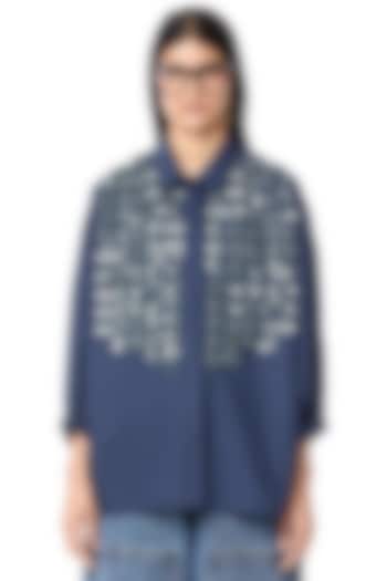 Navy Linen Cotton Handcrafted Oversized Shirt by Dhruv Kapoor at Pernia's Pop Up Shop
