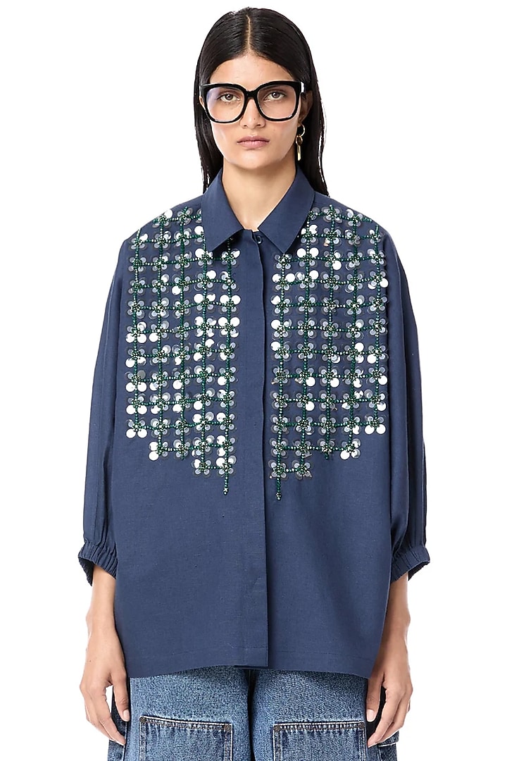 Navy Linen Cotton Handcrafted Oversized Shirt by Dhruv Kapoor at Pernia's Pop Up Shop
