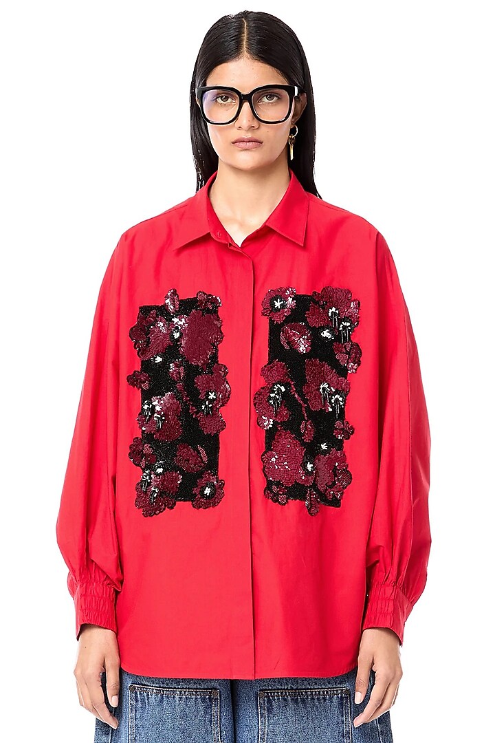 Red Cotton Batwing Oversized Shirt by Dhruv Kapoor at Pernia's Pop Up Shop