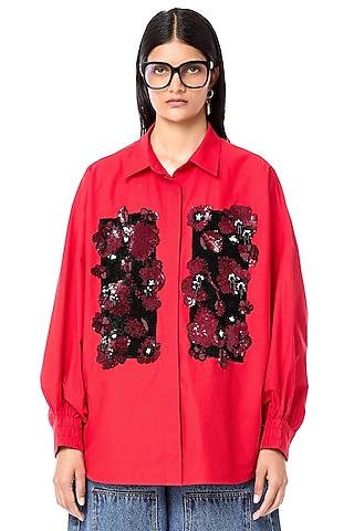 Red Cotton Batwing Oversized Shirt by Dhruv Kapoor