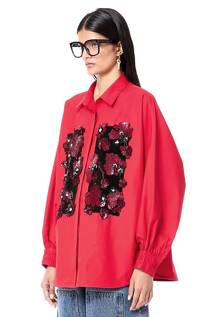 Red Cotton Batwing Oversized Shirt by Dhruv Kapoor at Pernia's Pop Up Shop