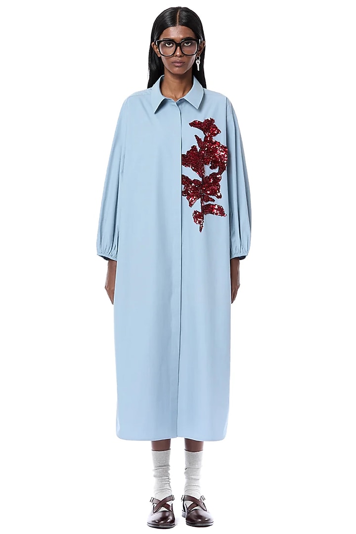 Dusty Blue Cotton Handcrafted Shirt Vacation Dress by Dhruv Kapoor at Pernia's Pop Up Shop