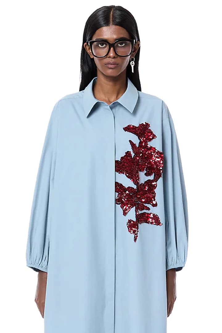 Dusty Blue Cotton Handcrafted Shirt Vacation Dress by Dhruv Kapoor at Pernia's Pop Up Shop