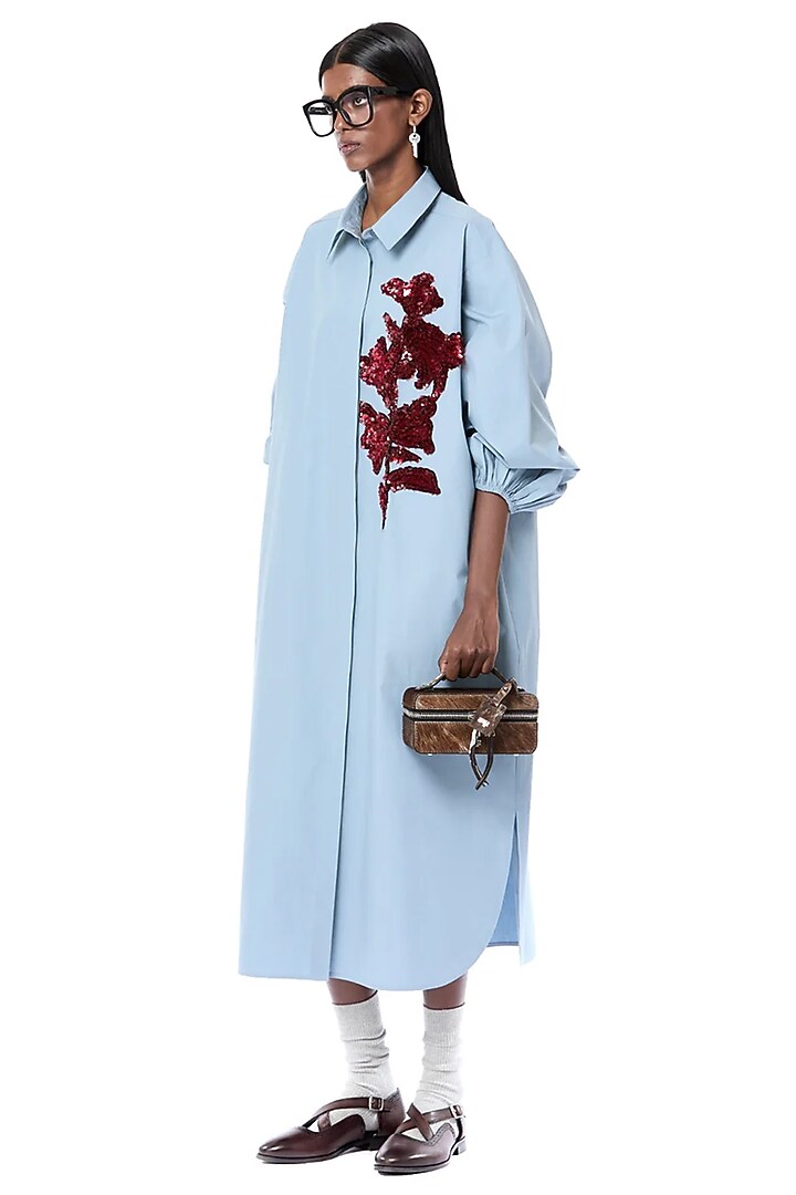 Dusty Blue Cotton Handcrafted Shirt Vacation Dress by Dhruv Kapoor at Pernia's Pop Up Shop