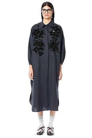 Navy Blue Linen & Cotton Handcrafted Oversized Shirt Dress by Dhruv Kapoor