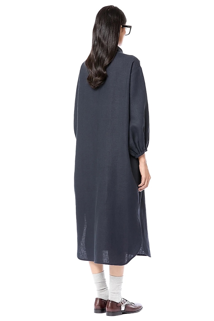 Navy Blue Linen & Cotton Handcrafted Oversized Cocktail Shirt Dress by Dhruv Kapoor at Pernia's Pop Up Shop