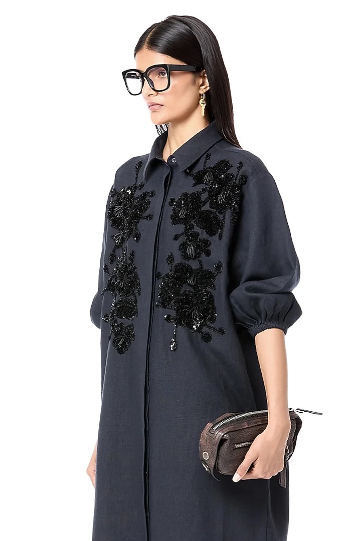 Navy Blue Linen & Cotton Handcrafted Oversized Cocktail Shirt Dress by Dhruv Kapoor at Pernia's Pop Up Shop