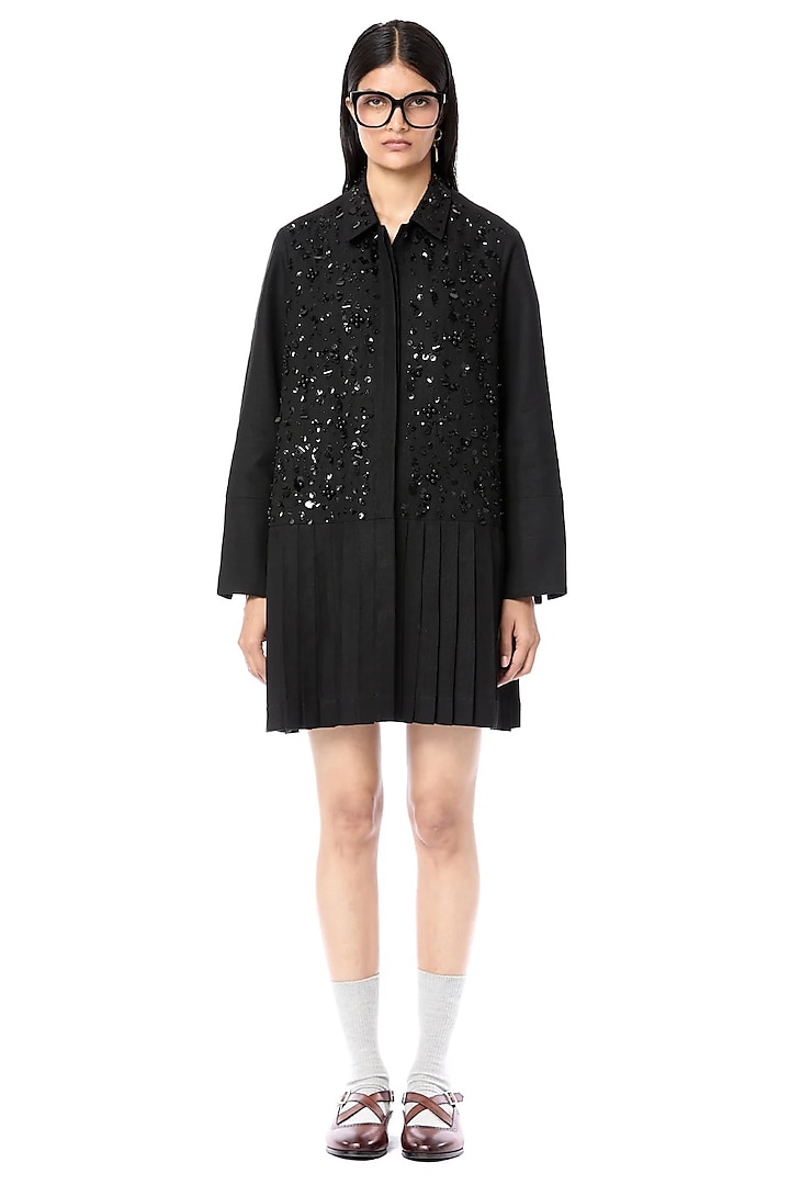 Black Linen & Cotton Handcrafted PLeated Cocktail Shirt Dress by Dhruv Kapoor at Pernia's Pop Up Shop