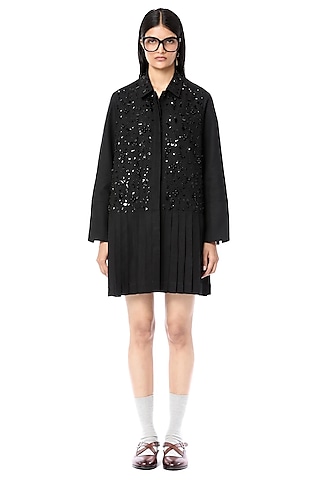 Black Linen & Cotton Handcrafted PLeated Shirt Dress by Dhruv Kapoor