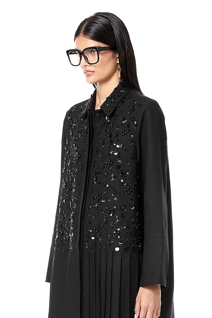 Black Linen & Cotton Handcrafted PLeated Cocktail Shirt Dress by Dhruv Kapoor at Pernia's Pop Up Shop