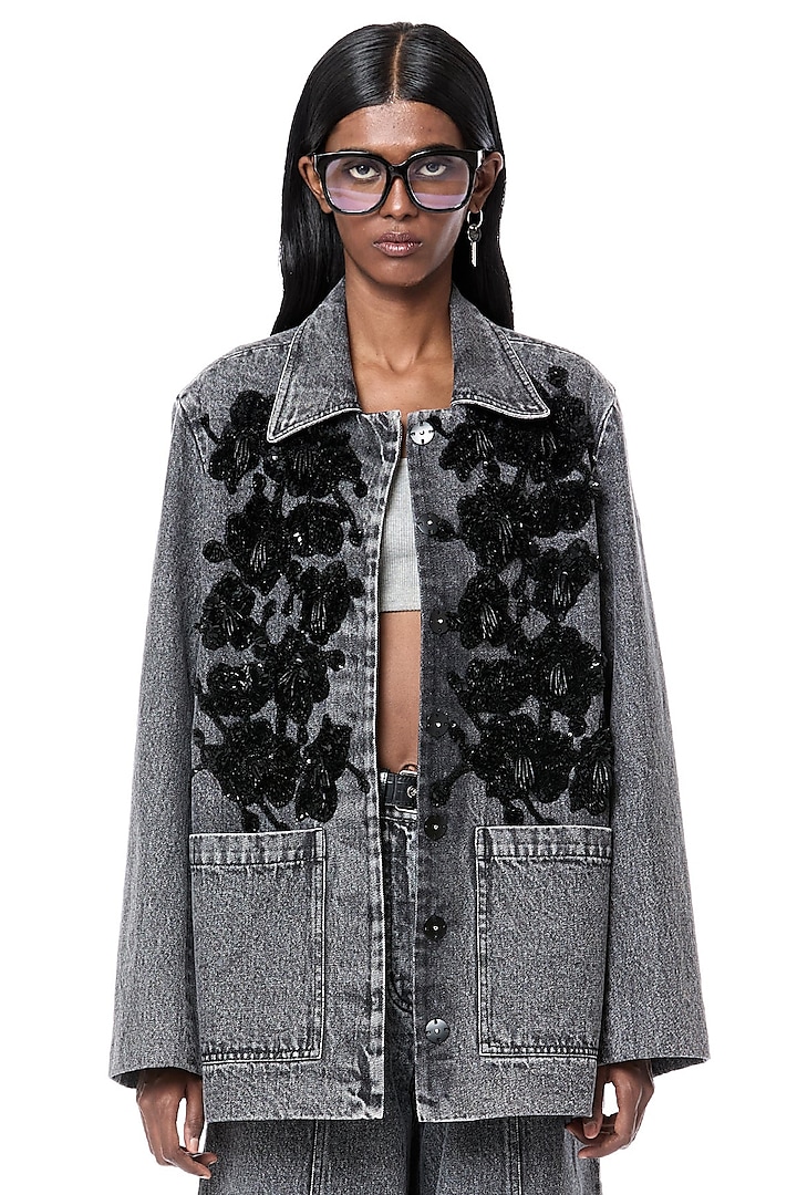 Grey Cotton Handcrafted Washed Denim Jacket by Dhruv Kapoor at Pernia's Pop Up Shop