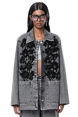 Grey Cotton Handcrafted Washed Denim Jacket by Dhruv Kapoor