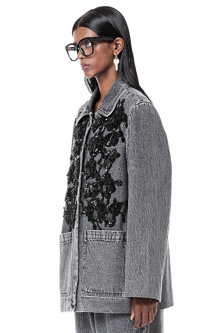 Grey Cotton Handcrafted Washed Denim Jacket by Dhruv Kapoor at Pernia's Pop Up Shop