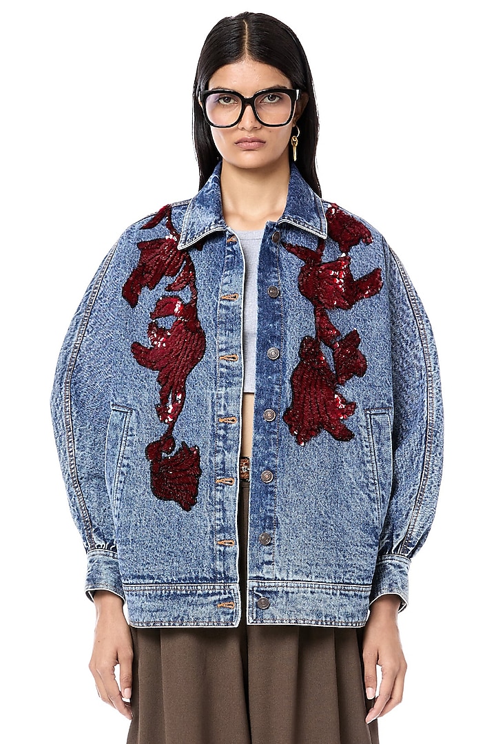 Blue Cotton Handcrafted Washed Denim Jacket by Dhruv Kapoor at Pernia's Pop Up Shop