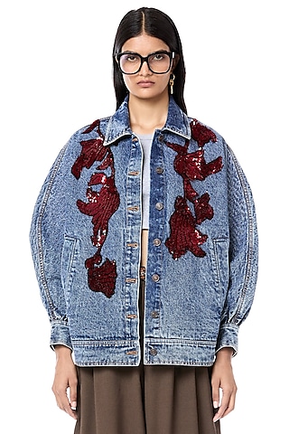 Blue Cotton Handcrafted Washed Denim Jacket by Dhruv Kapoor