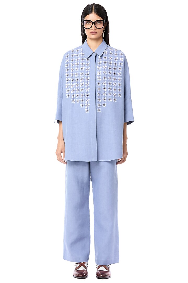 Blue Linen & Cotton Pants by Dhruv Kapoor at Pernia's Pop Up Shop