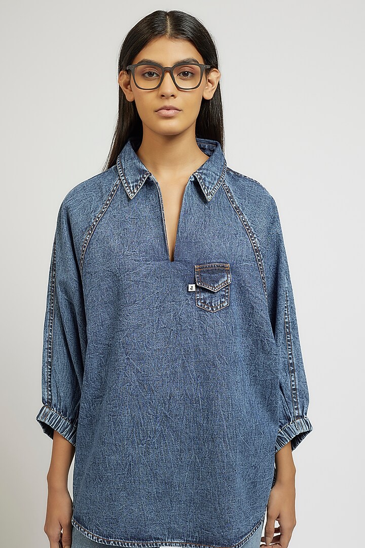 Blue Cotton Oversized Shirt by Dhruv Kapoor at Pernia's Pop Up Shop