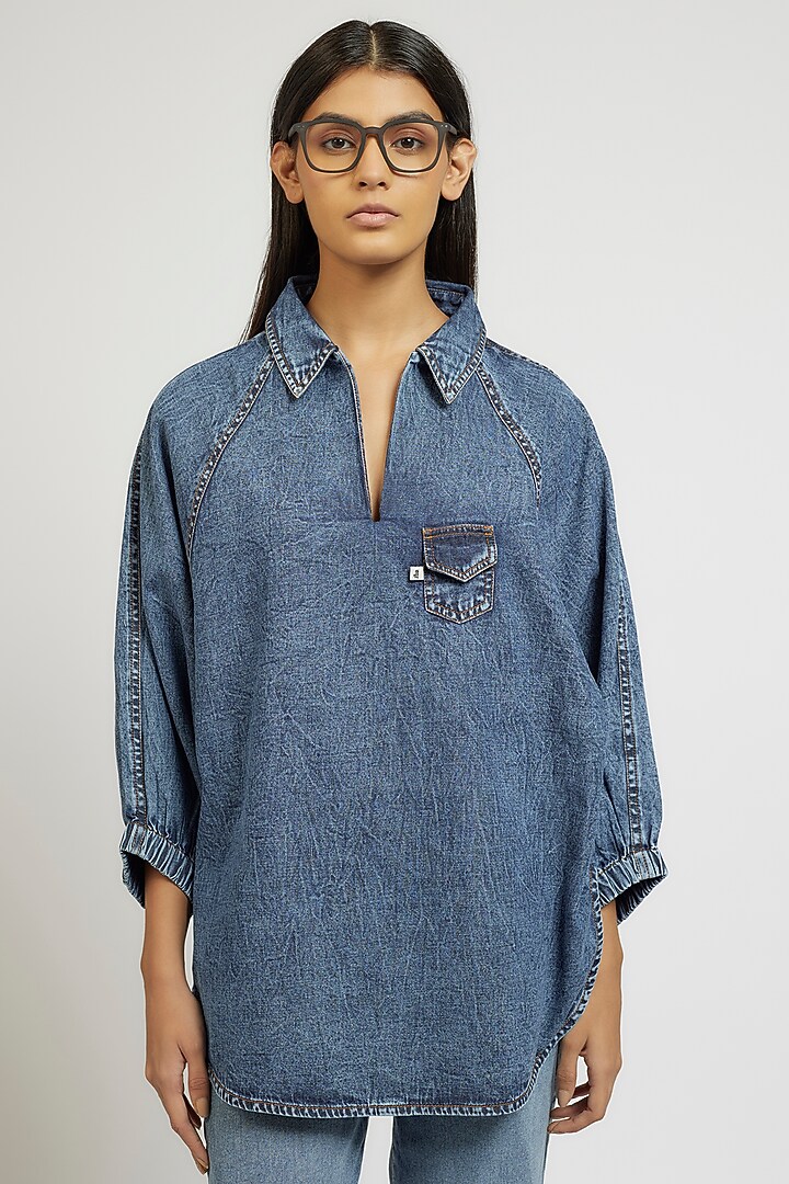 Blue Cotton Oversized Shirt by Dhruv Kapoor at Pernia's Pop Up Shop