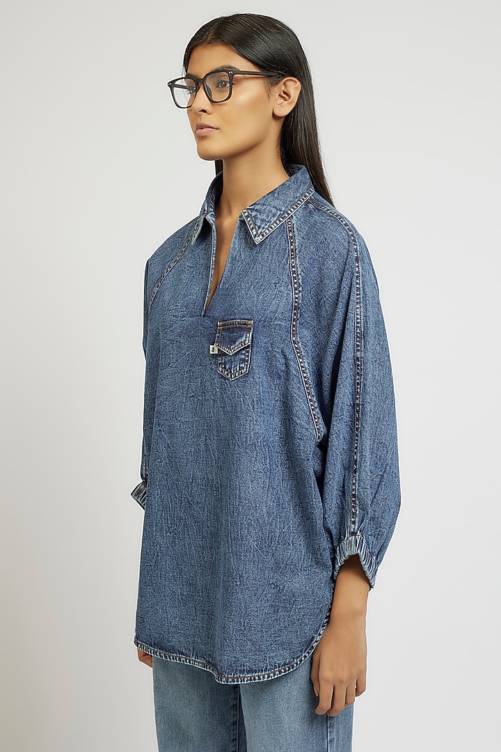 Blue Cotton Oversized Shirt by Dhruv Kapoor at Pernia's Pop Up Shop