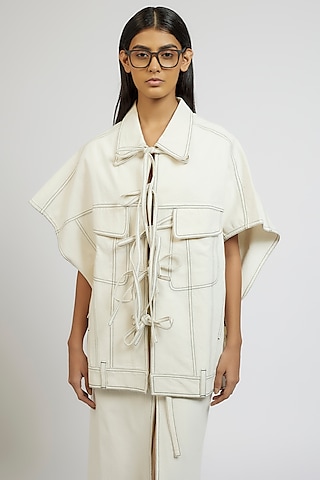 White Denim Cotton Kaftan Jacket by Dhruv Kapoor