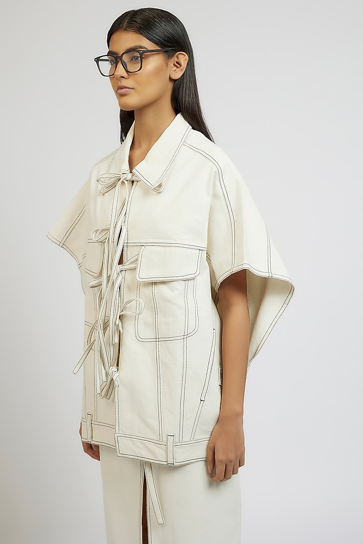 White Denim Cotton Kaftan Jacket by Dhruv Kapoor at Pernia's Pop Up Shop